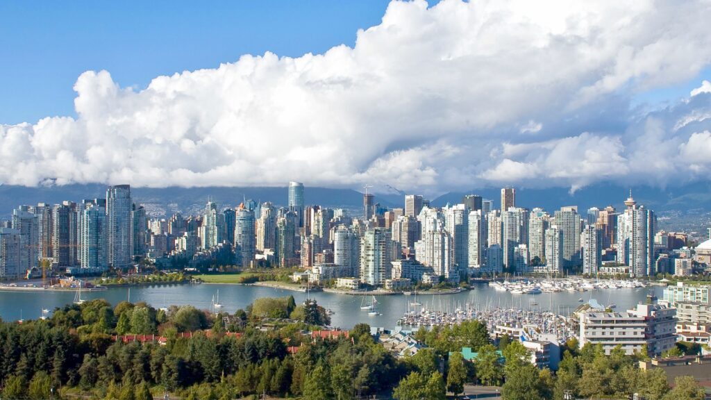 Vancouver skyline with towers and overlooking false creek